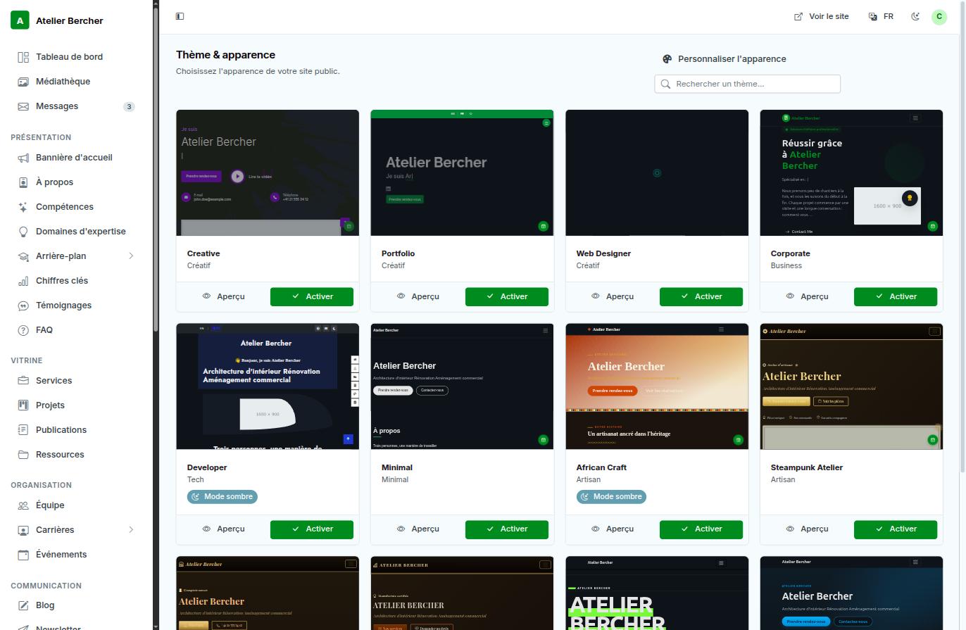La galería de temas: cada tarjeta muestra un tema con su propio contenido, con los botones Vista previa y Activar.